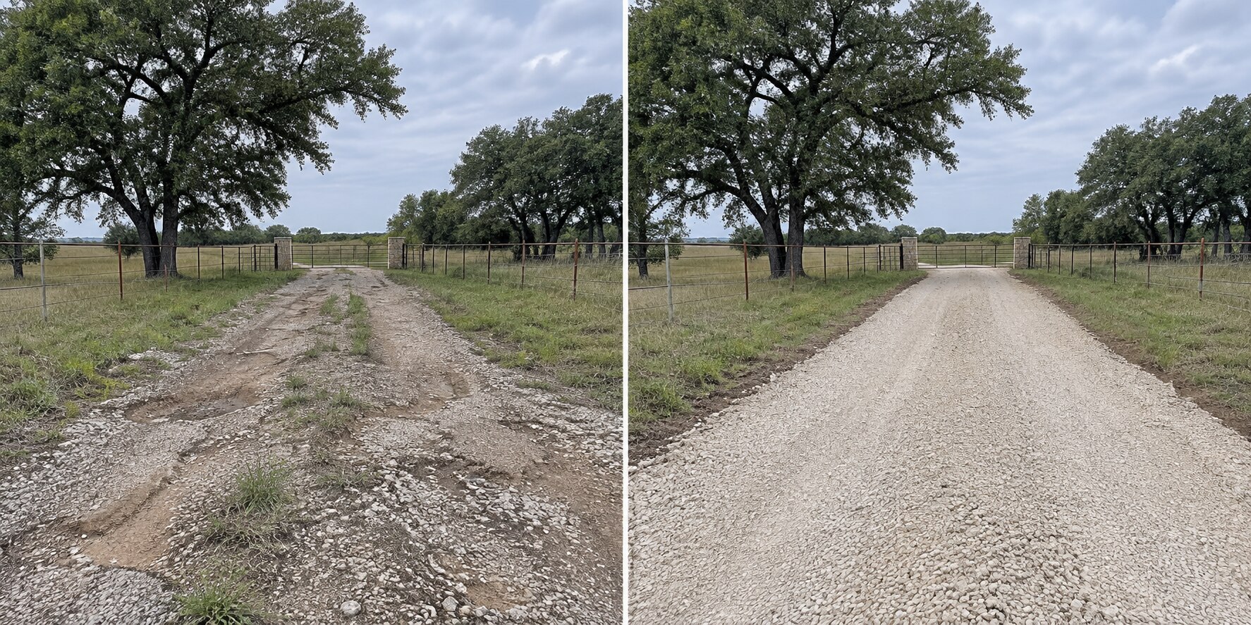 Before and after: Gravel driveway restoration. Not an actual completed job.