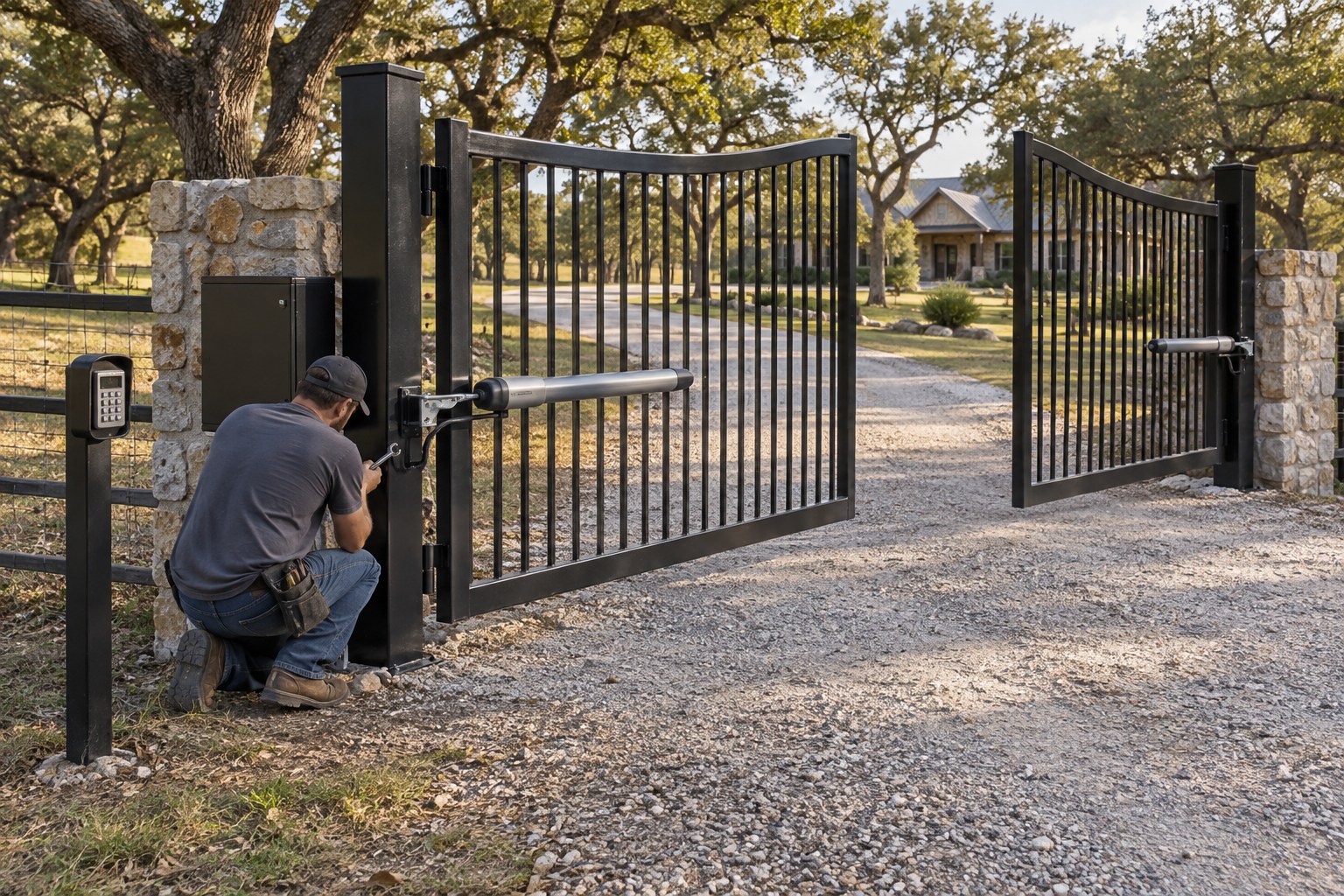 Technician servicing an automatic driveway gate and opener