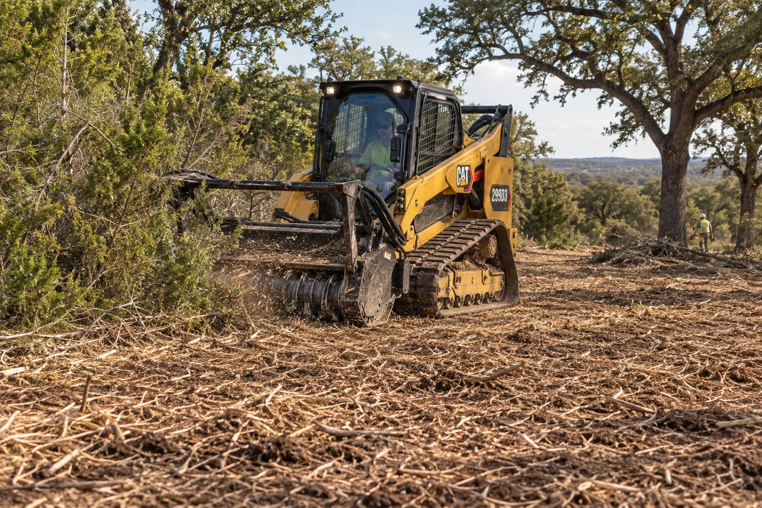 CAT 299D3 with forestry mulcher clearing brush