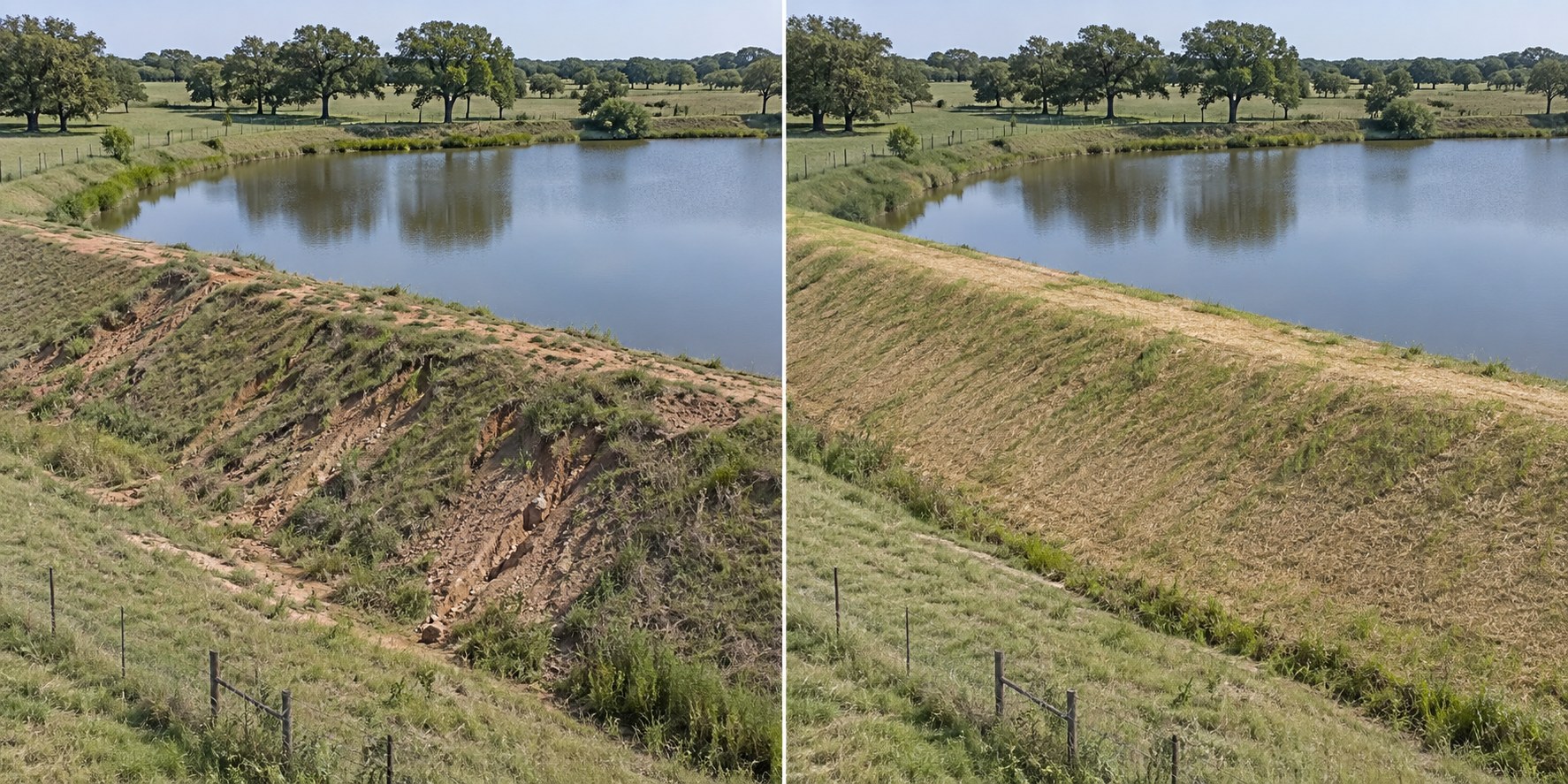 An eroded earthen pond dam alongside the same pond with a repaired grass-covered embankment
