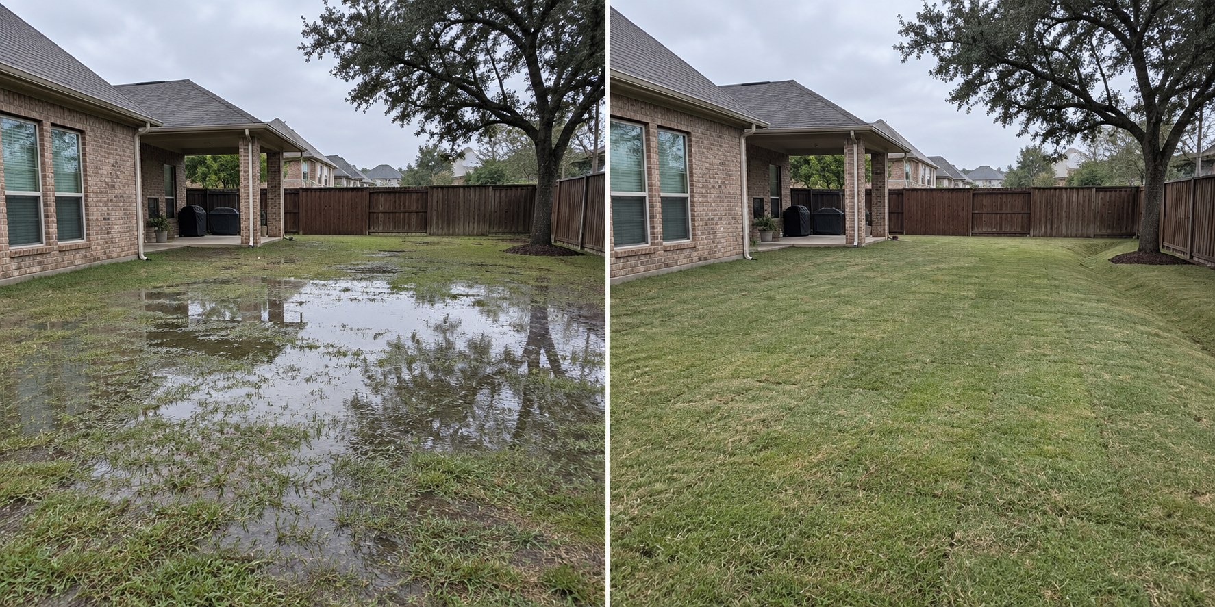 Before and after: Regrading & drainage. Not an actual completed job.