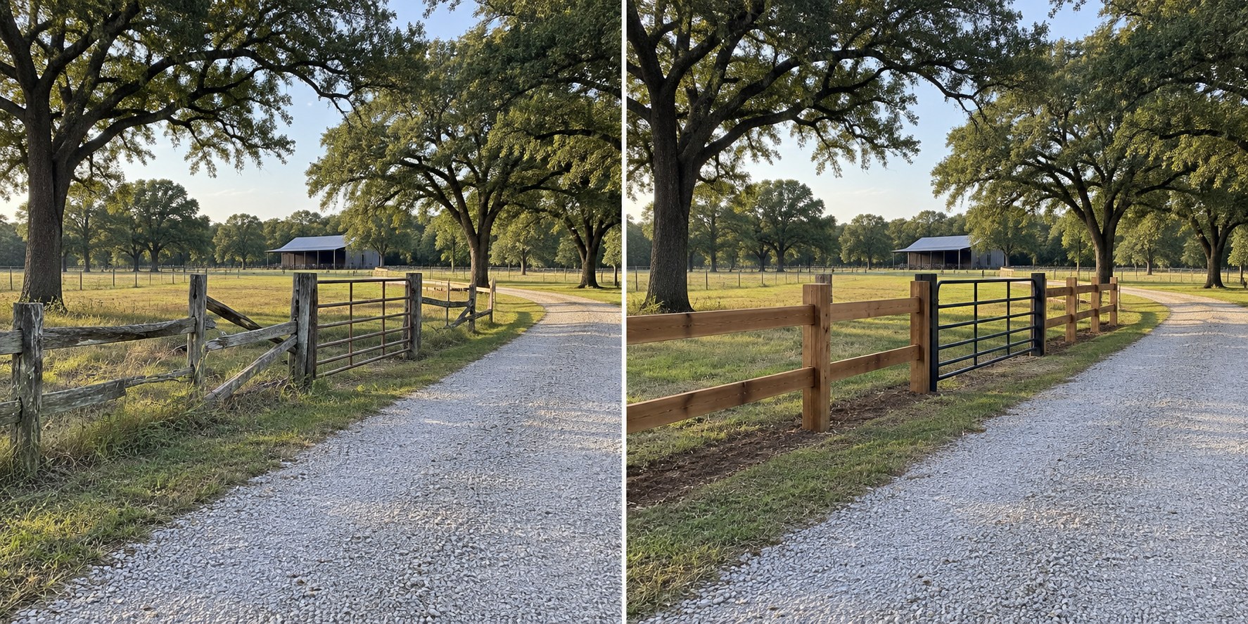 The same ranch entrance with a broken fence and with a new wood double-rail fence and pipe gate