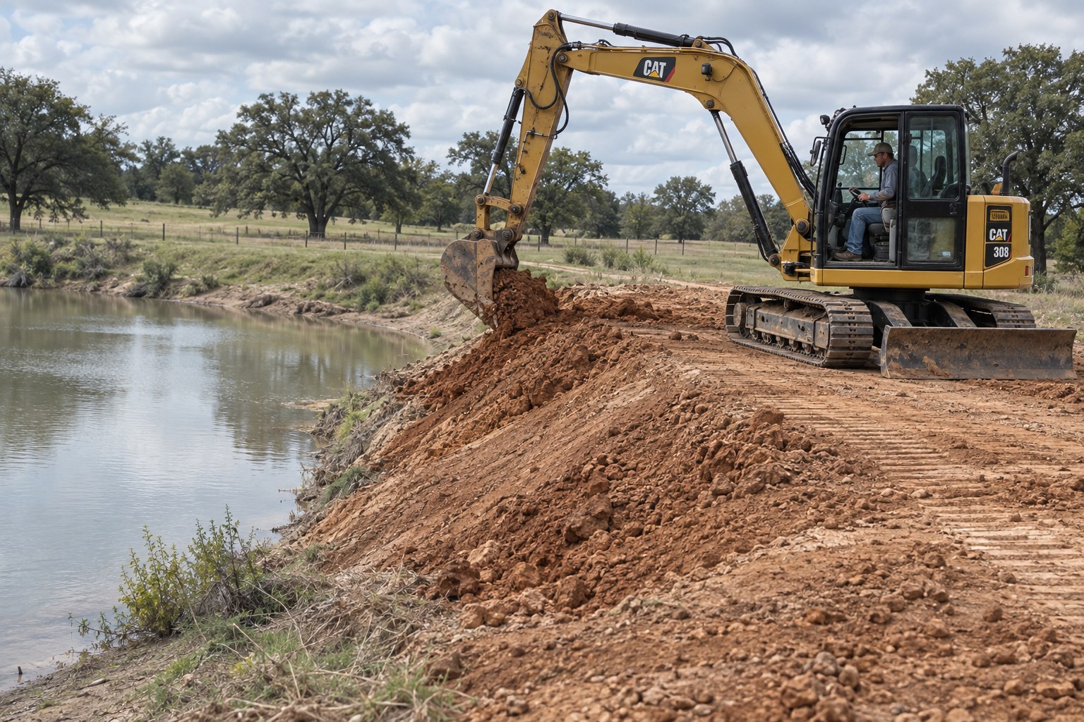 Excavator with an operator repairing the earthen embankment of a pond dam